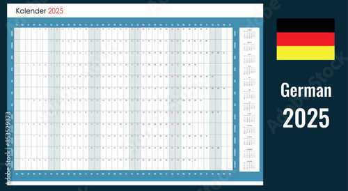 Wall planner for 2025, one page calendar in German, grid design with blank copy space