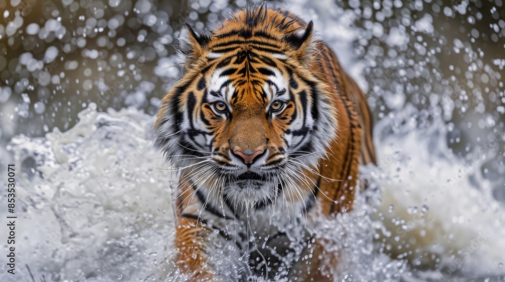Obraz premium Siberian tiger, Panthera tigris altaica, low angle photo direct face view, running in the water directly at camera with water