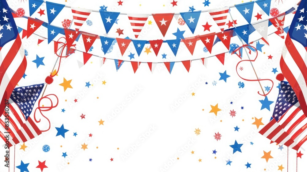 Fototapeta premium Patriotic celebration background with American flags, festive bunting, and confetti, perfect for Independence Day or national holidays.