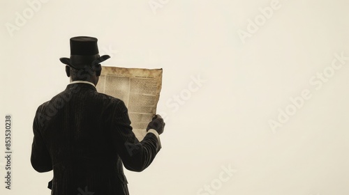 Rear view of a man in vintage clothing and top hat reading an old newspaper against a plain background.