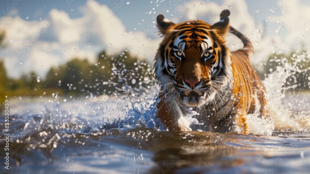Fototapeta premium Siberian tiger, Panthera tigris altaica, low angle photo direct face view, running in the water directly at camera with water