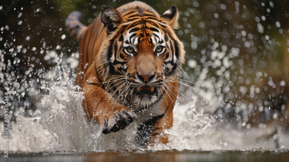 Siberian tiger, Panthera tigris altaica, low angle photo direct face view, running in the water directly at camera with water Siberian tiger, Panthera tigris altaica, low angle photo direct face view, running in the water directly at camera with water