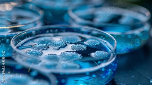 Petri dishes filled with blue liquid in laboratory setting, focus on microbial growth and chemical reactions, precision in medicinal chemistry compound synthesis. Blurred background for emphasis.