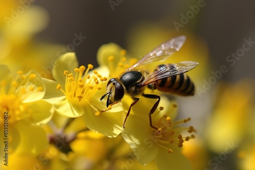 A yellow flower with a black and yellow striped bee on it © Juan Hernandez