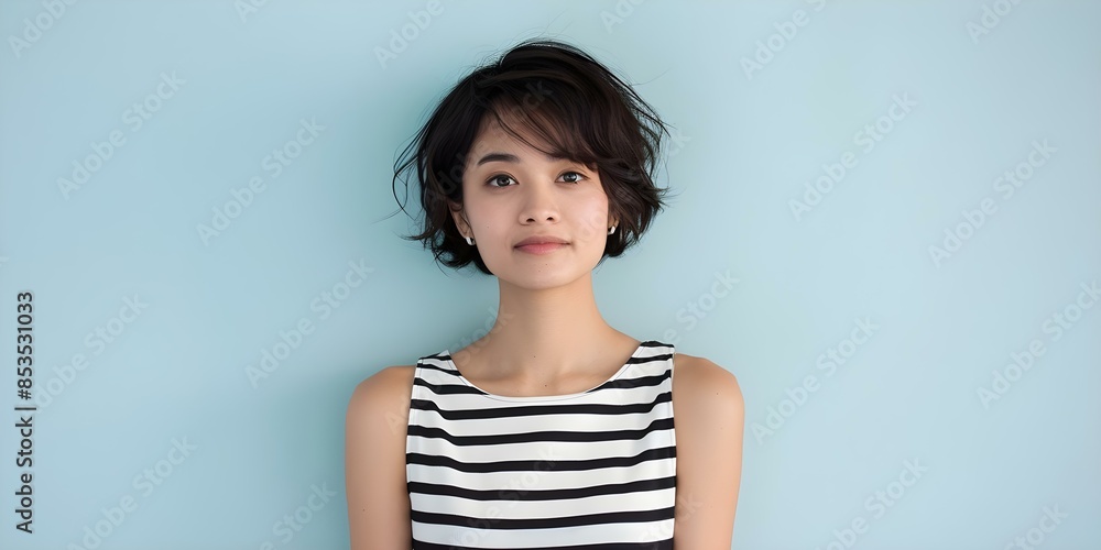Japanese Woman in Striped Dress and Pixie Cut A Portrait. Concept Fashion Photography, Japanese Inspired Outfit, Pixie Haircut Trends, Striped Dress Styling, Portrait Photography Japanese Woman in Striped Dress and Pixie Cut A Portrait. Concept Fashion Photography, Japanese Inspired Outfit, Pixie Haircut Trends, Striped Dress Styling, Portrait Photography