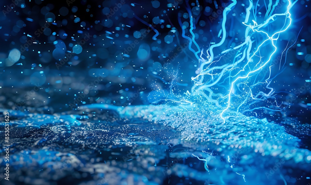 A dynamic lightning bolt striking the ground, creating a vivid blue energy explosion with cracks radiating outwards A dynamic lightning bolt striking the ground, creating a vivid blue energy explosion with cracks radiating outwards
