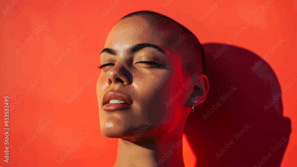 Bald Woman with Eyes Closed in a Red Room Bald Woman with Eyes Closed in a Red Room