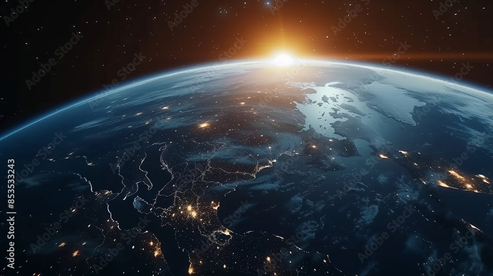 Fototapeta premium earth in the space with sunrise on the horizon 