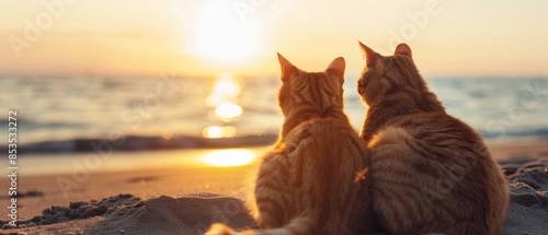 Two cats sitting on a beach, watching a beautiful sunset over the ocean, creating a peaceful and serene moment.