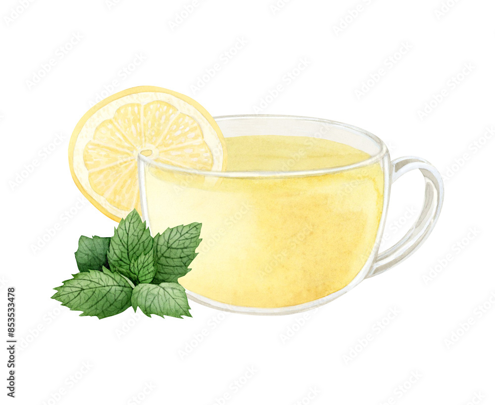 Yellow herbal lemon tea with spearmint green leaves in glass cup watercolor illustration. Hot beverage of organic ingredients for autumn and winter against flu and cold Yellow herbal lemon tea with spearmint green leaves in glass cup watercolor illustration. Hot beverage of organic ingredients for autumn and winter against flu and cold