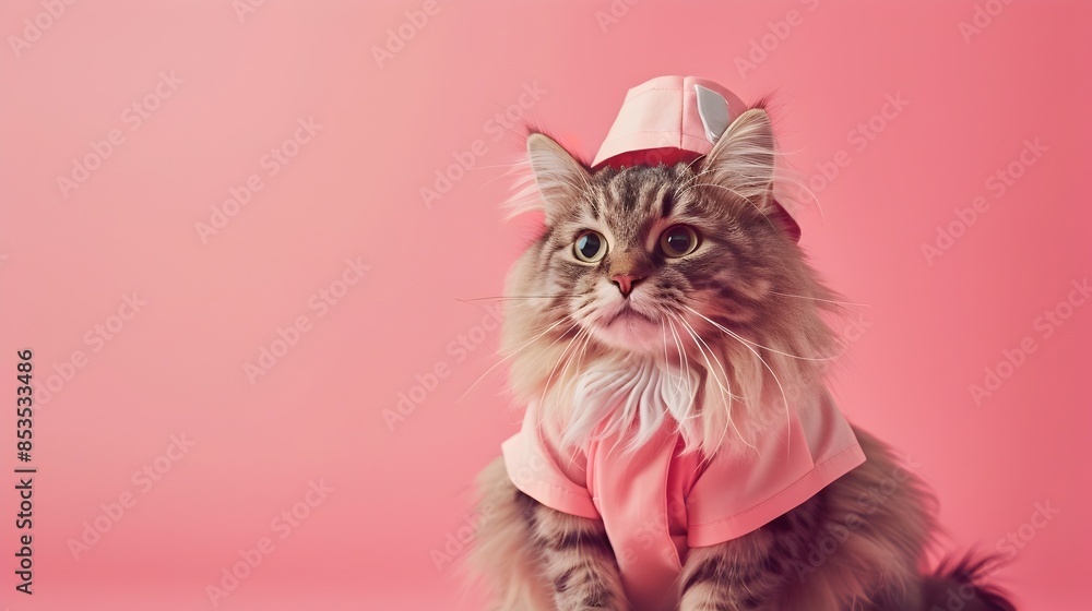 Surreal of a Beautiful Norwegian Forest Cat Nurse in Uniform against Colorful Backdrop Surreal of a Beautiful Norwegian Forest Cat Nurse in Uniform against Colorful Backdrop