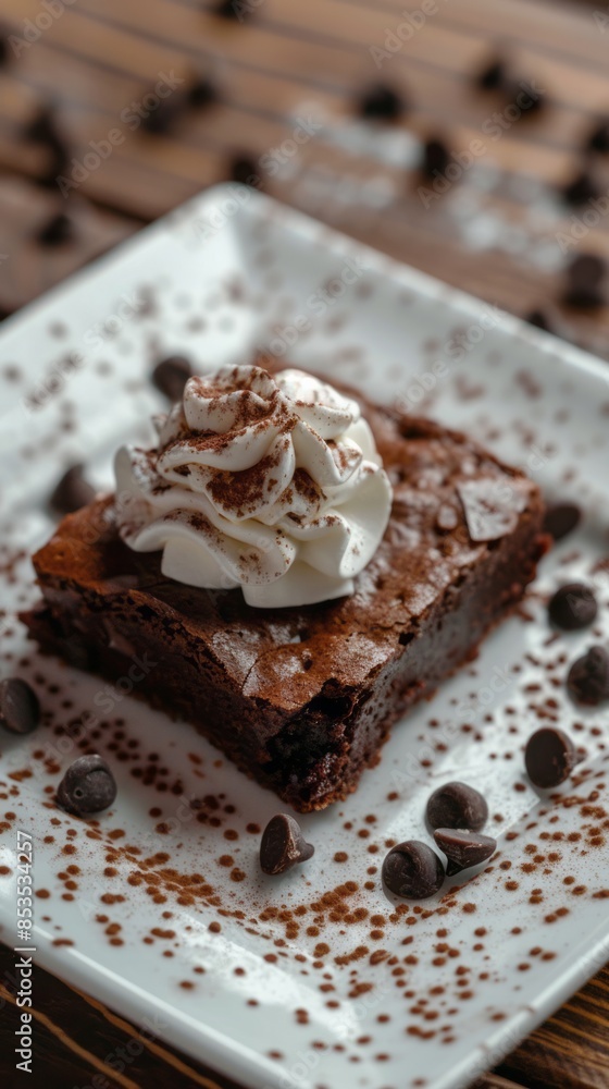 Brownie stuffed with chocolate chips and with white whipped cream on top Brownie stuffed with chocolate chips and with white whipped cream on top