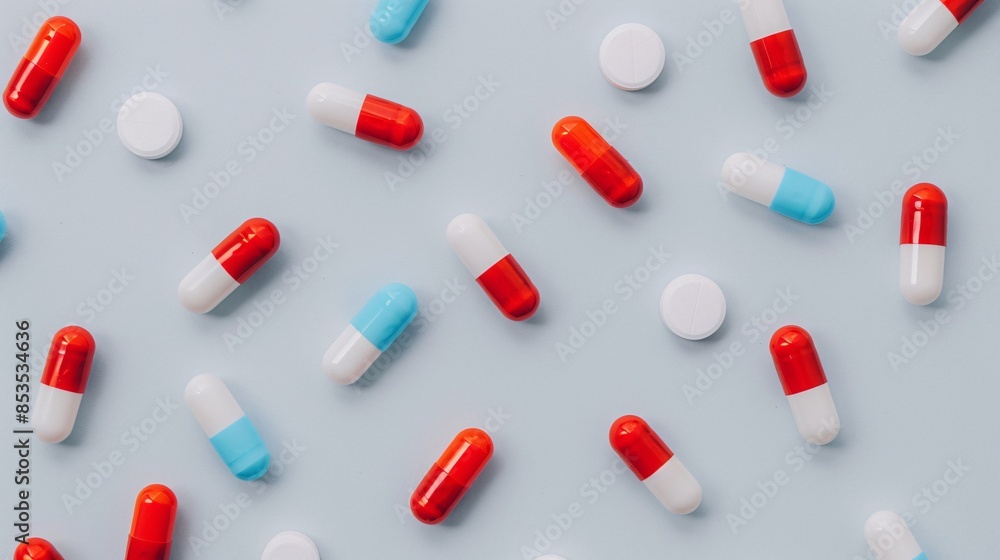 Assorted Capsules and Pills on Blue Surface Assorted Capsules and Pills on Blue Surface