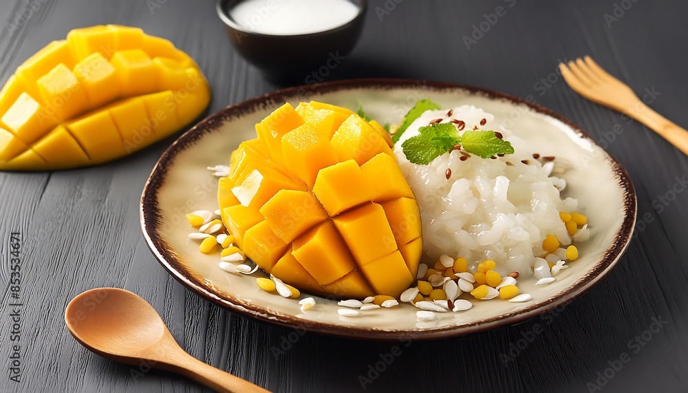 Mango Sticky Rice,ripe mango slices with sweet coconut sticky rice, sprinkled with crispy Mango Sticky Rice,ripe mango slices with sweet coconut sticky rice, sprinkled with crispy