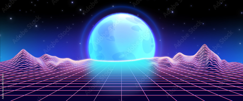 Retro synthwave background with abstract grid mountain landscape with blue glowing full moon on sky. Realistic 3d vector illustration of abstract retrowave surface for futuristic digital design. Retro synthwave background with abstract grid mountain landscape with blue glowing full moon on sky. Realistic 3d vector illustration of abstract retrowave surface for futuristic digital design.