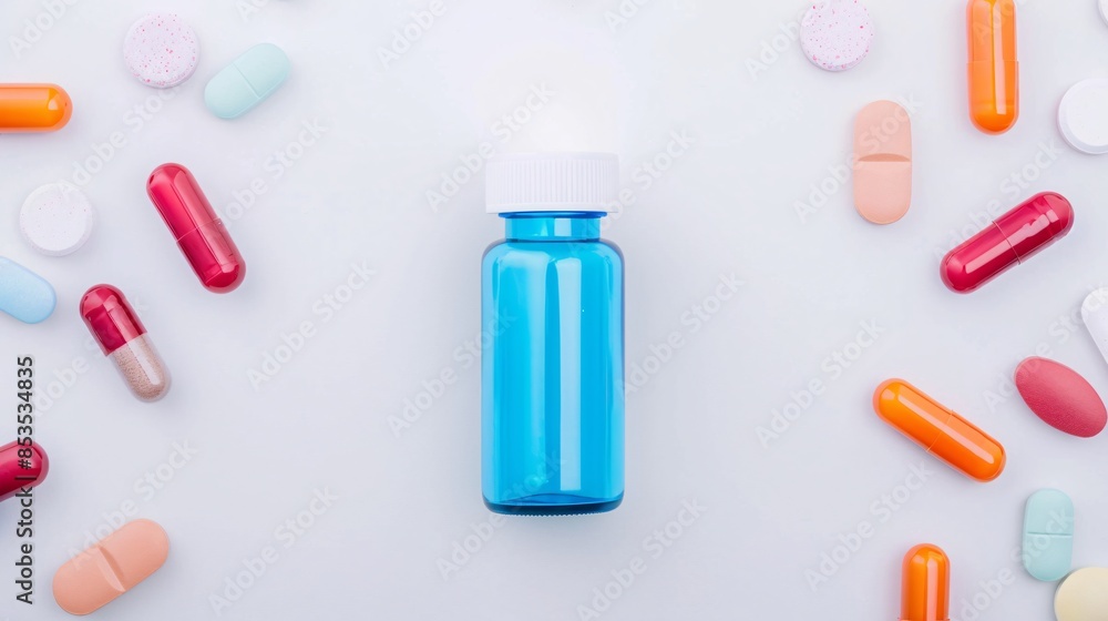 Blue Bottle with Assorted Pills on White Background Blue Bottle with Assorted Pills on White Background