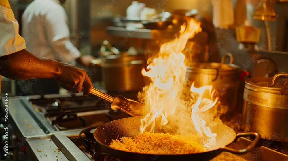 Obraz premium someone is cooking food in a wok on a stove