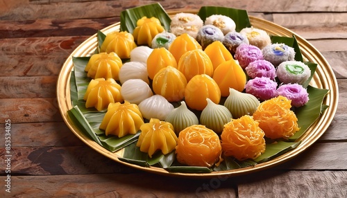 Thai desserts including Thong Yip,Luk Chup,and Khanom Chan photo