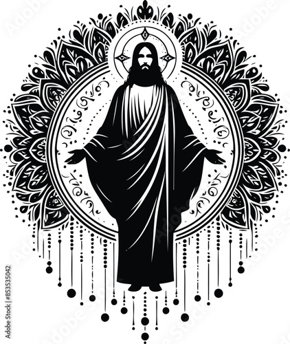 jesus in silhouete with bohemian nature pattern illustration