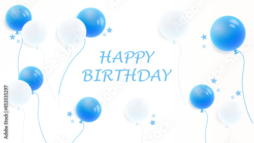 Happy Birthday Celebration Card Banner Template. Blue and White Balloon, Party Ribbon Background. Vector.