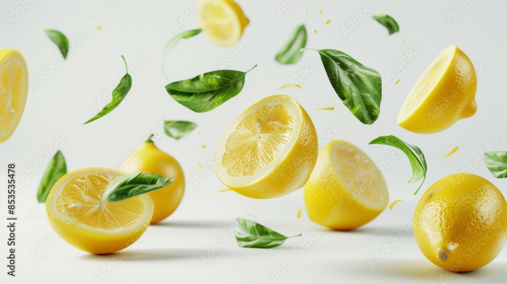 Fresh flying lemon slices and mint leaves isolated on white Fresh flying lemon slices and mint leaves isolated on white