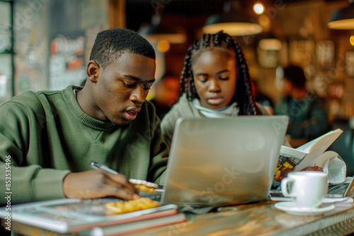 Focused young African American students studying together at a cafe