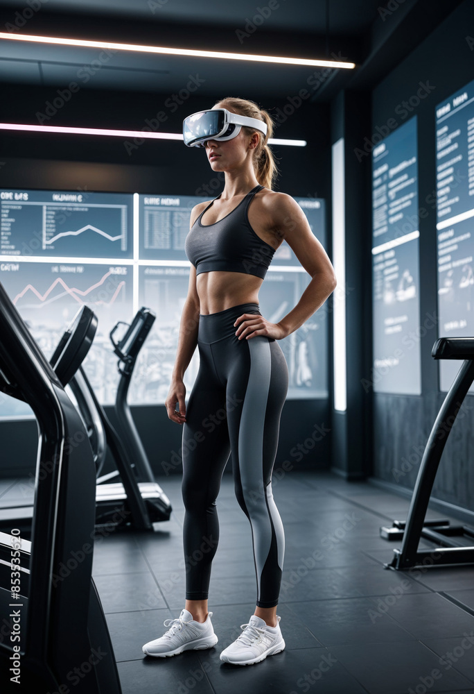 a woman wearing a virtual reality glasses stands in a gym with a monitor behind her a woman wearing a virtual reality glasses stands in a gym with a monitor behind her