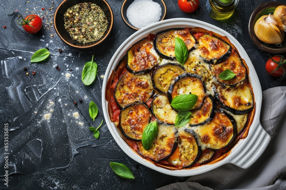 Eggplant casserole with cheese and tomato sauce in a white baking dish on a black background with ingredients for cooking. Vegetarian healthy food Eggplant casserole with cheese and tomato sauce in a white baking dish on a black background with ingredients for cooking. Vegetarian healthy food