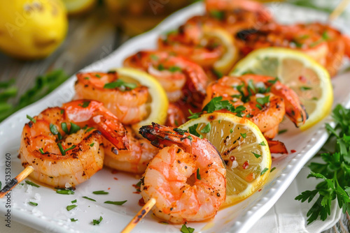 Grilled shrimp skewers with lemon wedges and herbs on a white platter