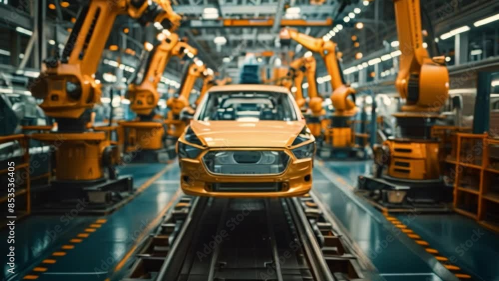 Automobile producer Automated Robot Arm Assembly Line Production of High-Tech Electric Vehicles in the Automobile Industry Automobile producer Automated Robot Arm Assembly Line Production of High-Tech Electric Vehicles in the Automobile Industry