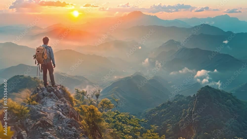 A moment of peace and discovery in the vast outdoors is witnessed by a man hiking with a backpack atop a mountain, staring out at the sun against a backdrop of clouds and sky. A moment of peace and discovery in the vast outdoors is witnessed by a man hiking with a backpack atop a mountain, staring out at the sun against a backdrop of clouds and sky.
