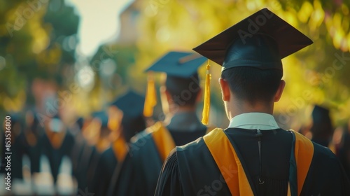 there is a man in a graduation cap and gown standing in a line