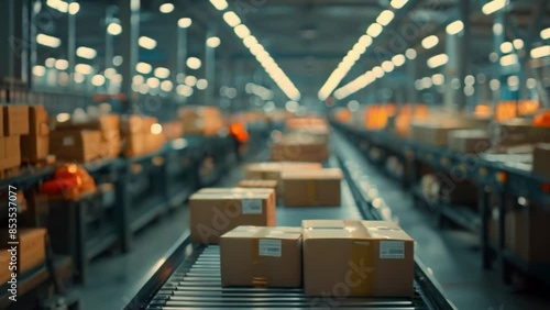 Wallpaper Mural A cardboard box moves along a conveyor belt at a logistics warehouse structure. Algorithms and automated systems are available for sorting and storing goods throughout the supply chain. Torontodigital.ca