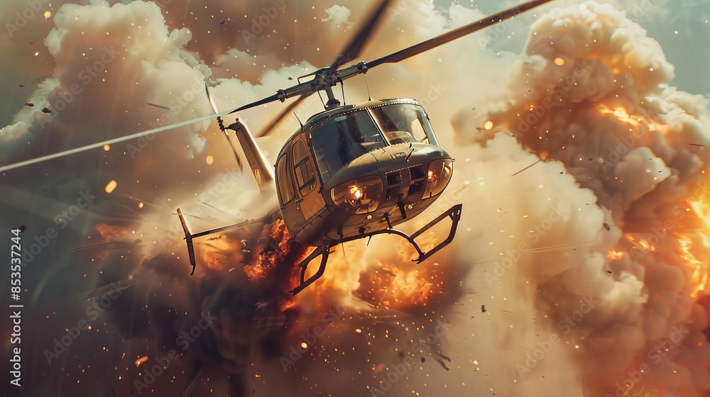helicopter flying through a cloud of smoke and fire with a fireball coming out of it helicopter flying through a cloud of smoke and fire with a fireball coming out of it