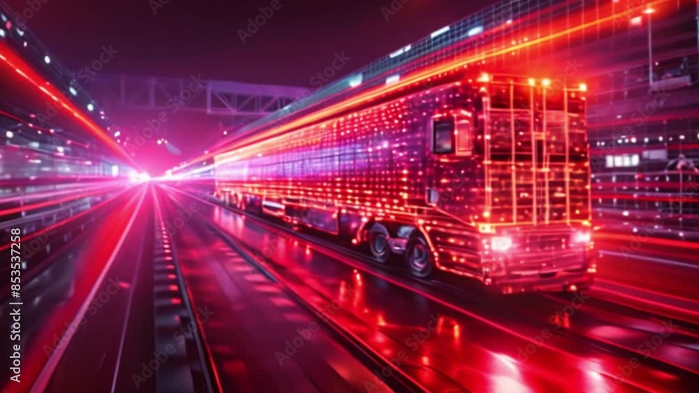 A cargo train with container cars travels through a futuristic digital landscape. Concept for supply chain management and logistics in international trade and transportation. A cargo train with container cars travels through a futuristic digital landscape. Concept for supply chain management and logistics in international trade and transportation.