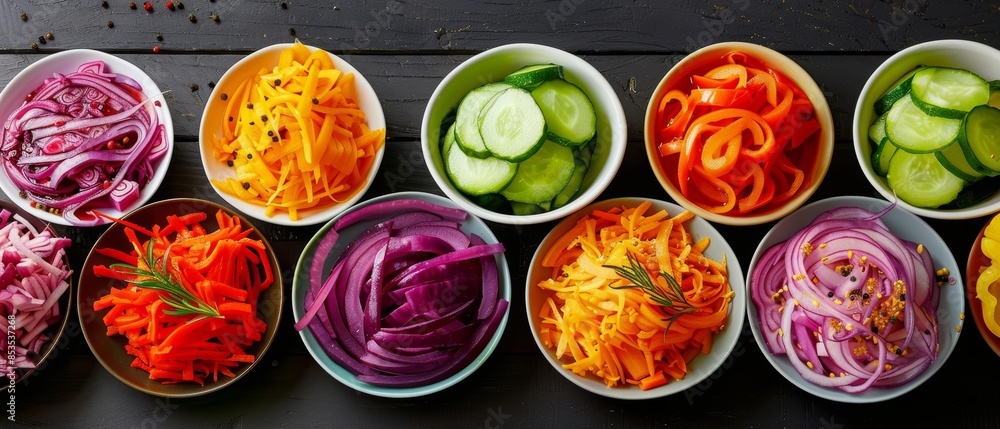 Flat lay of a variety of pickled vegetables, vibrant and colorful lighting showcasing the diversity and richness Flat lay of a variety of pickled vegetables, vibrant and colorful lighting showcasing the diversity and richness