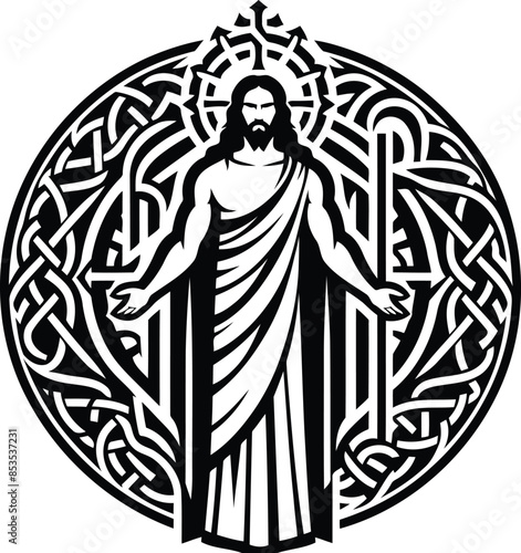 jesus in silhouete with celtic knot pattern illustration