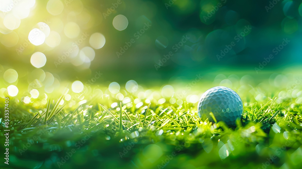 A single golf ball rests on a manicured green, bathed in warm sunlight. The green grass and bokeh effects create a serene and picturesque scene A single golf ball rests on a manicured green, bathed in warm sunlight. The green grass and bokeh effects create a serene and picturesque scene