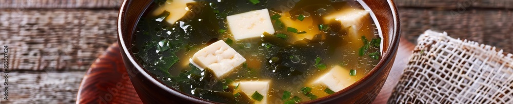 Flat lay of miso soup with tofu and seaweed, clear and warm lighting emphasizing the nutritious broth Flat lay of miso soup with tofu and seaweed, clear and warm lighting emphasizing the nutritious broth