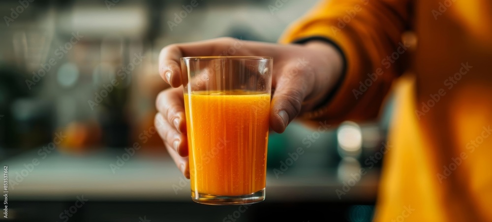 Side angle of a person drinking a glass of freshly squeezed juice, bright kitchen lighting highlighting the vitamins and refreshment Side angle of a person drinking a glass of freshly squeezed juice, bright kitchen lighting highlighting the vitamins and refreshment