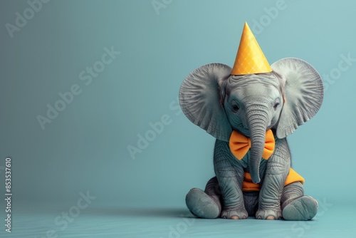 Baby elephant in party cone hat bowtie outfit isolated on solid pastel background advertisement, copy text space. Birthday Celebration Card