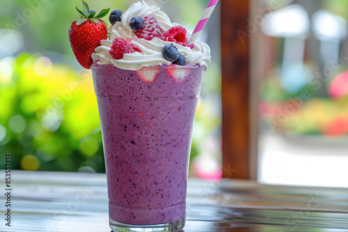 A berry smoothie with strawberries, blueberries, and raspberries, topped with whipped cream