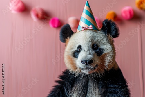 Cute panda in party cone hat bowtie outfit isolated on solid pastel background advertisement, copy text space. Birthday Celebration Card