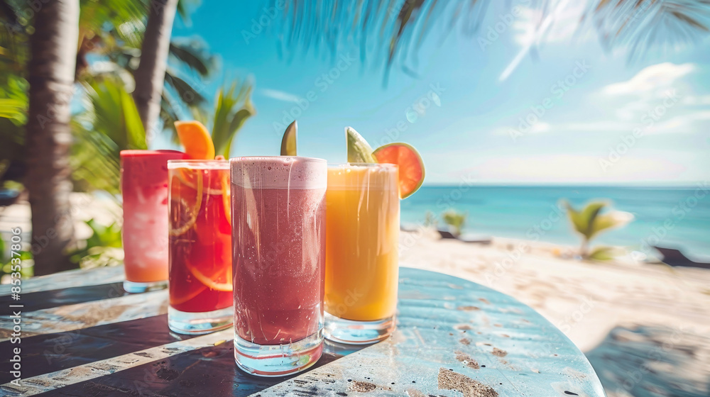Obraz premium A table with four colorful smoothies stands on a pristine tropical beach, the ocean sparkling in the background