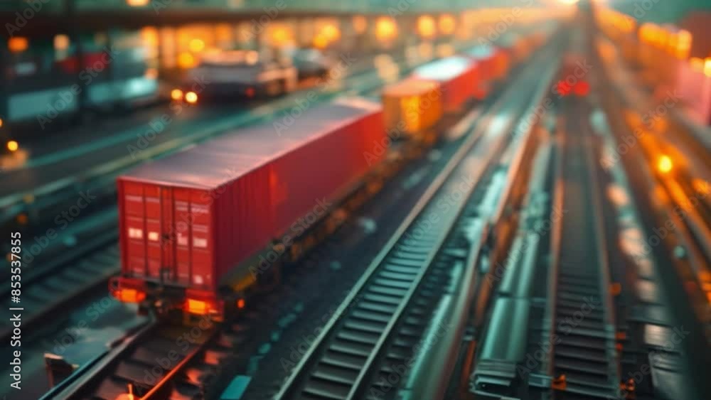 A cargo train with container cars travels through a futuristic digital landscape. Concept for supply chain management and logistics in international trade and transportation. A cargo train with container cars travels through a futuristic digital landscape. Concept for supply chain management and logistics in international trade and transportation.