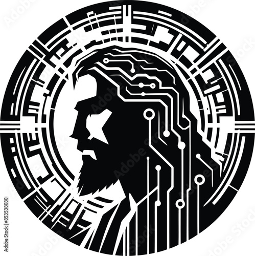 jesus silhouete with cyberpunk pattern illustration