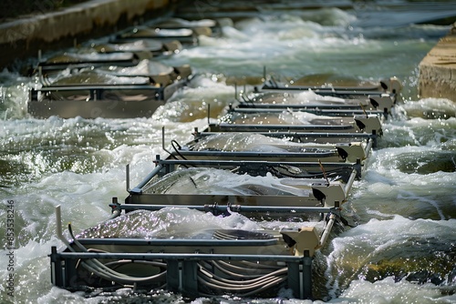 A hydrokinetic turbine array in a fast-flowing river photo