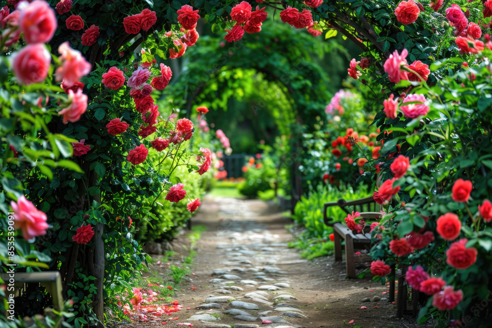 A blooming rose garden with vibrant red and pink roses and a stone path