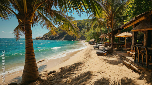 Minimalistic Landscape Of Tropical Beach in Island With Coconut Trees Landscape Background