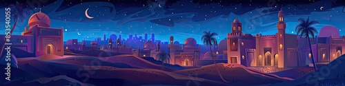 Panoramic night landscape of the ancient Arab city. Cartoon illustration.